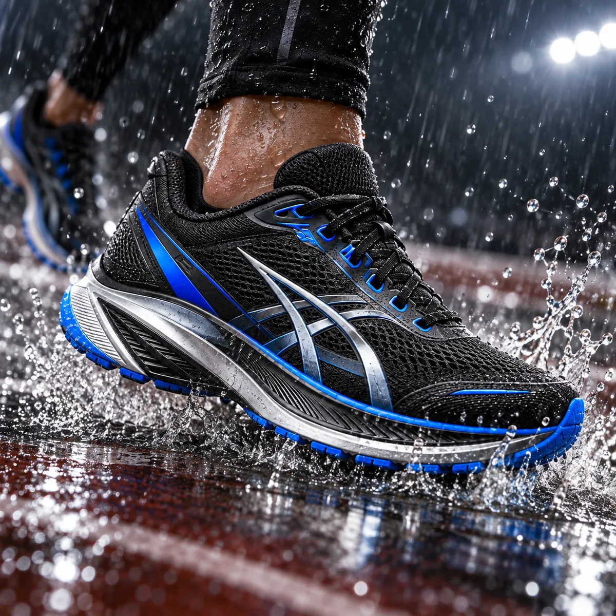 雨のトラックで水しぶきを上げるSPEED RADONのシューズ
